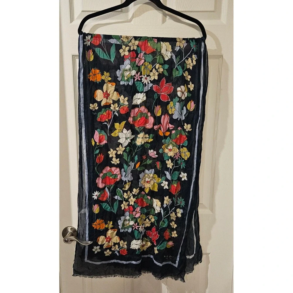 Kate Spade Floral Scarf Oblong Wrap Black‎ Sheer Lightweight Colorful